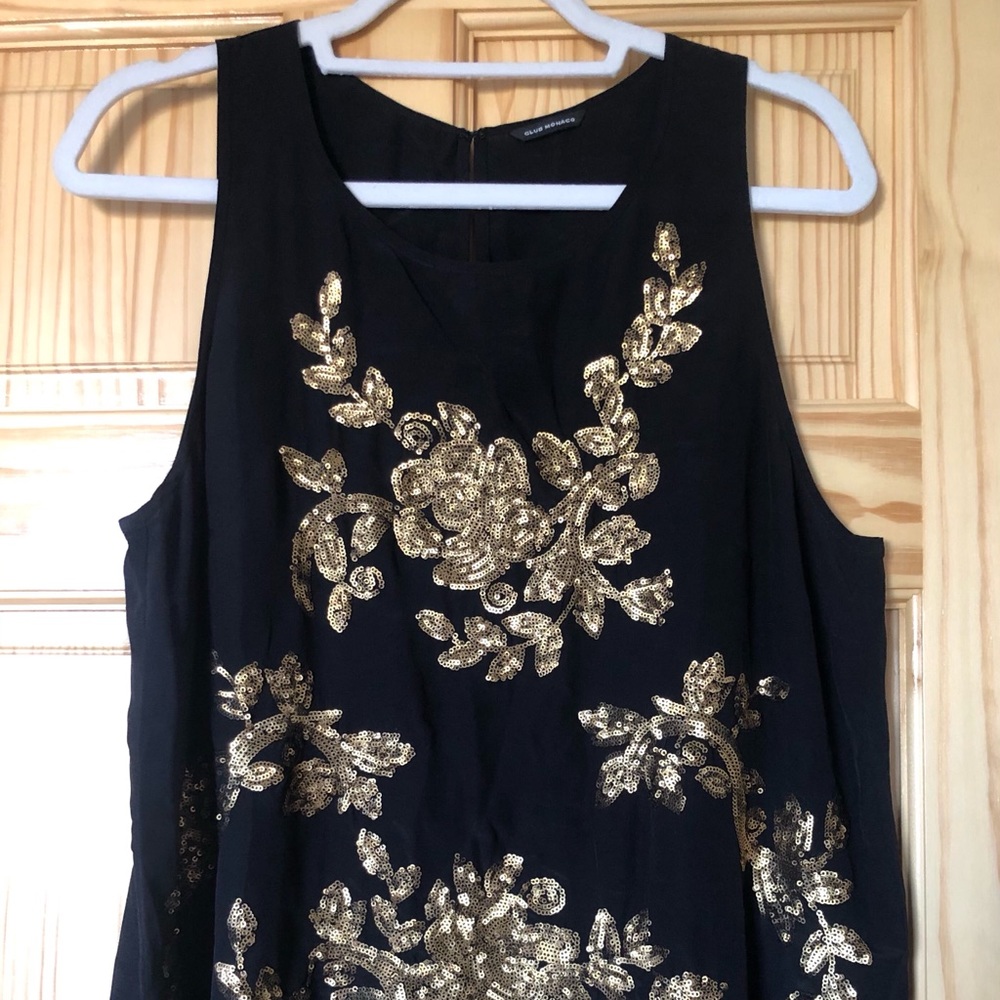 Club Monaco Black Silk Gold Sequin Top